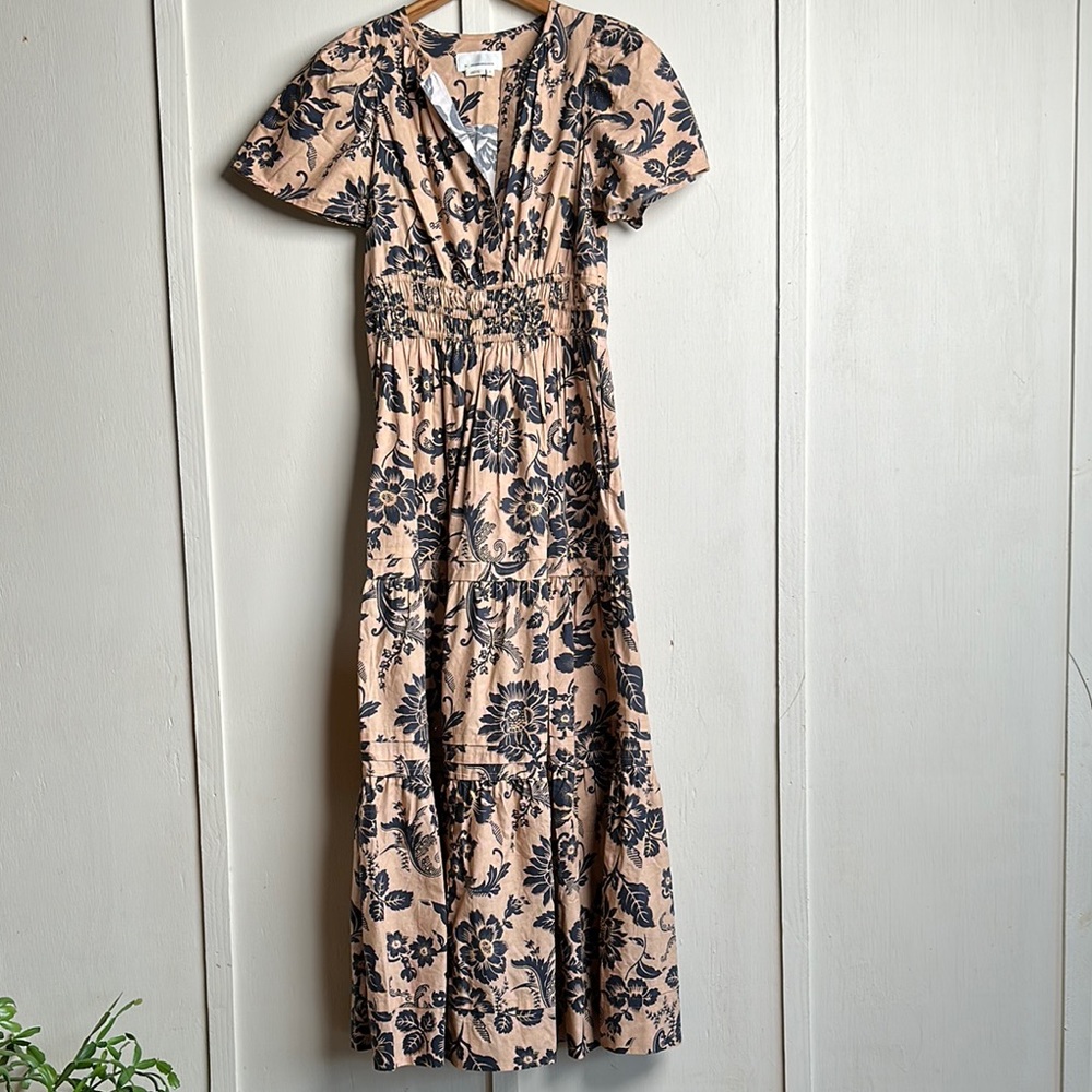 Anthropologie Cream and Black Wrap Maxi Dress with Flutter Sleeves